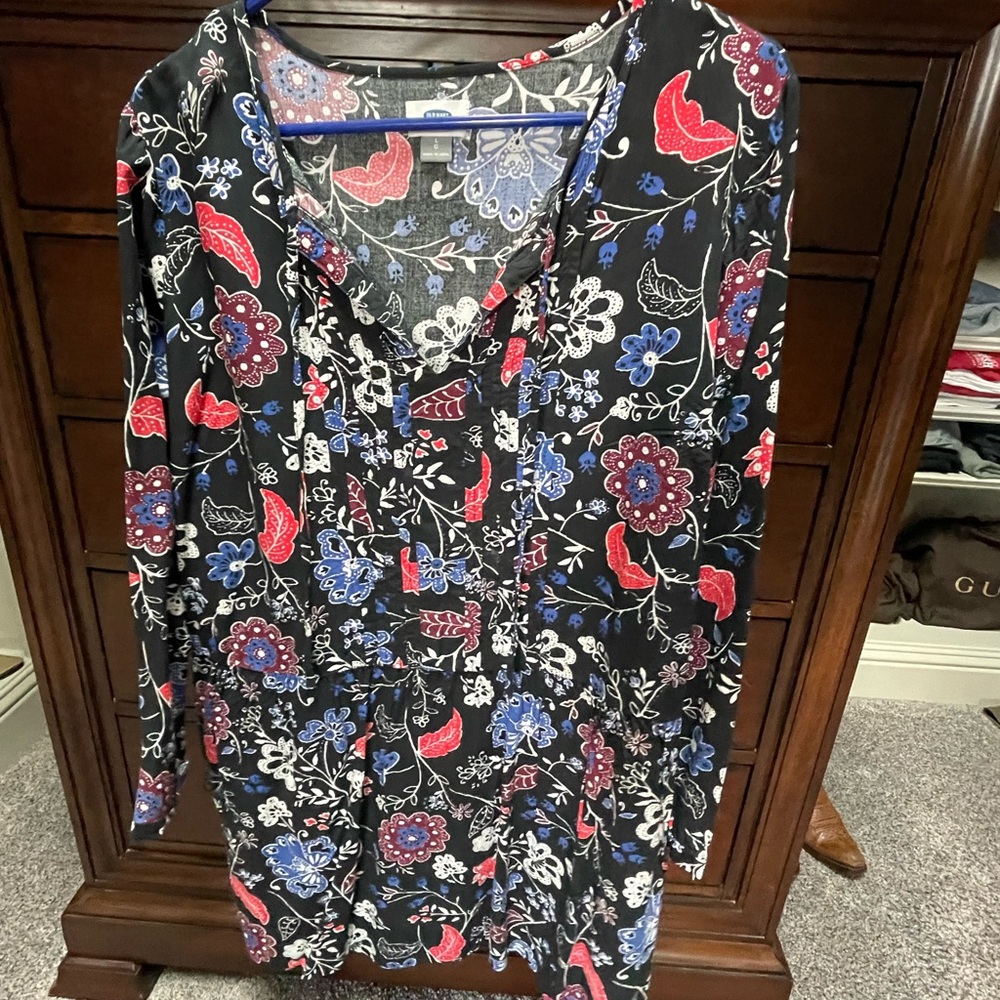 Floral Black Dress with Red and Blue Accents